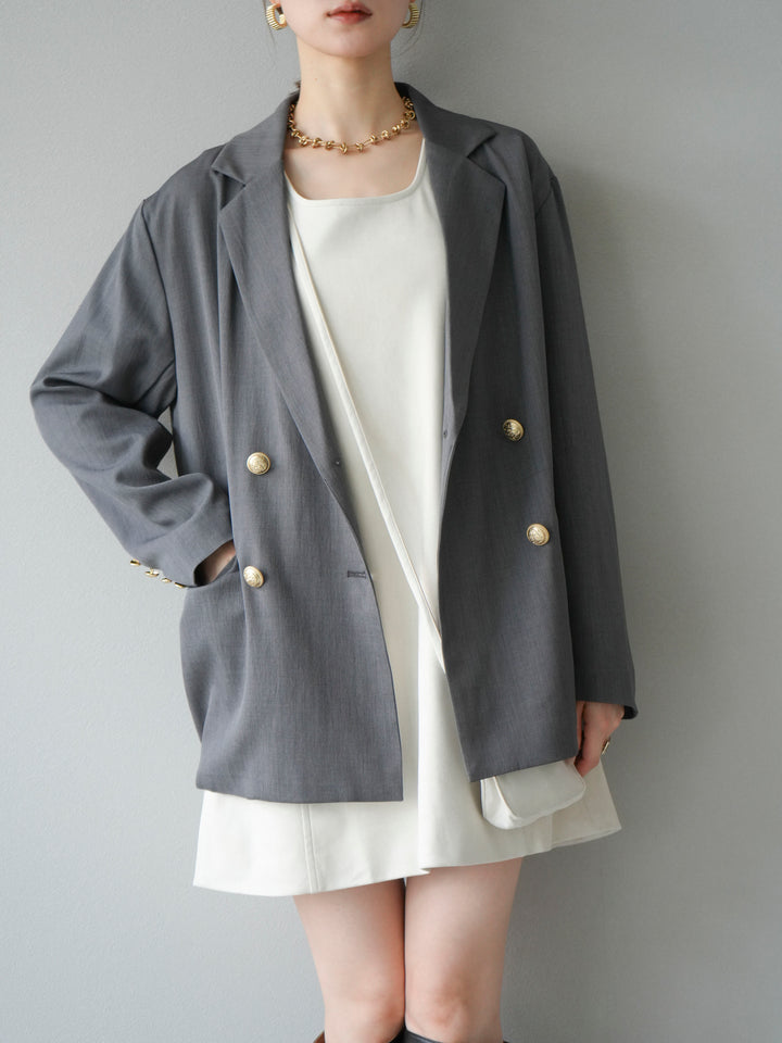 [SET]ゴールドボタンツイルダブルテーラードジャケット+ショルダーポーチ付スウェードミニワンピース(2set)