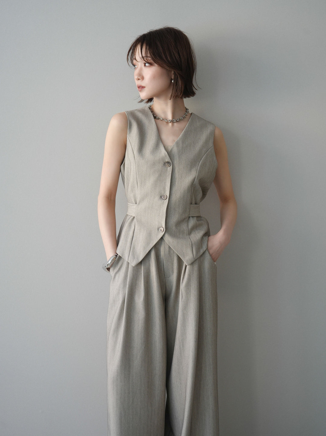 [予約]サイド切替ヘリンボーンベスト/beige