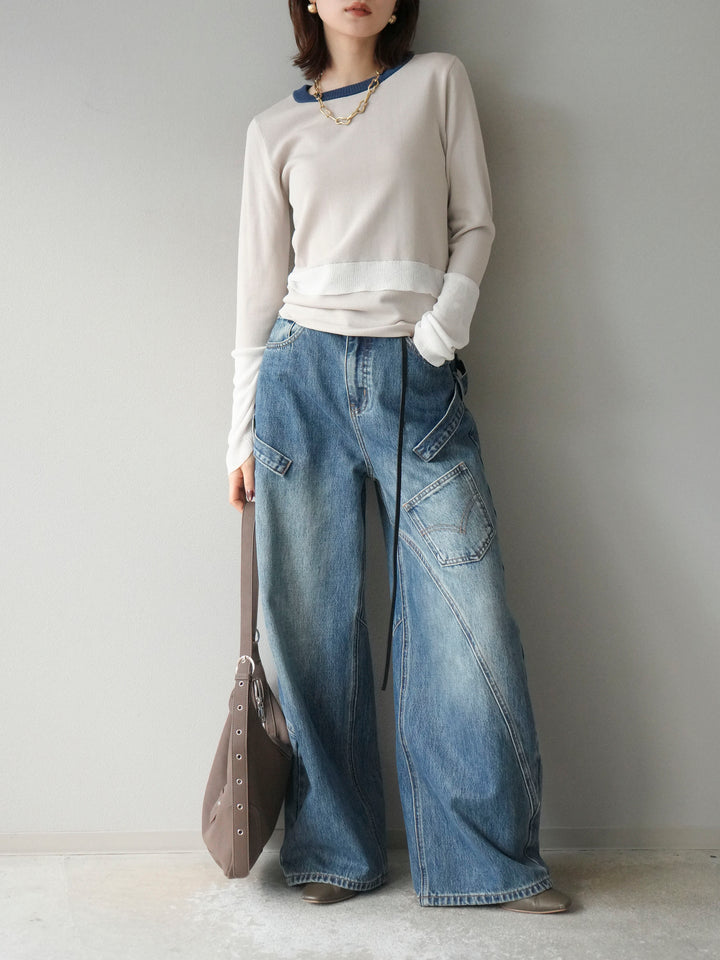 [予約]異素材配色デザインニットトップス/アイボリー