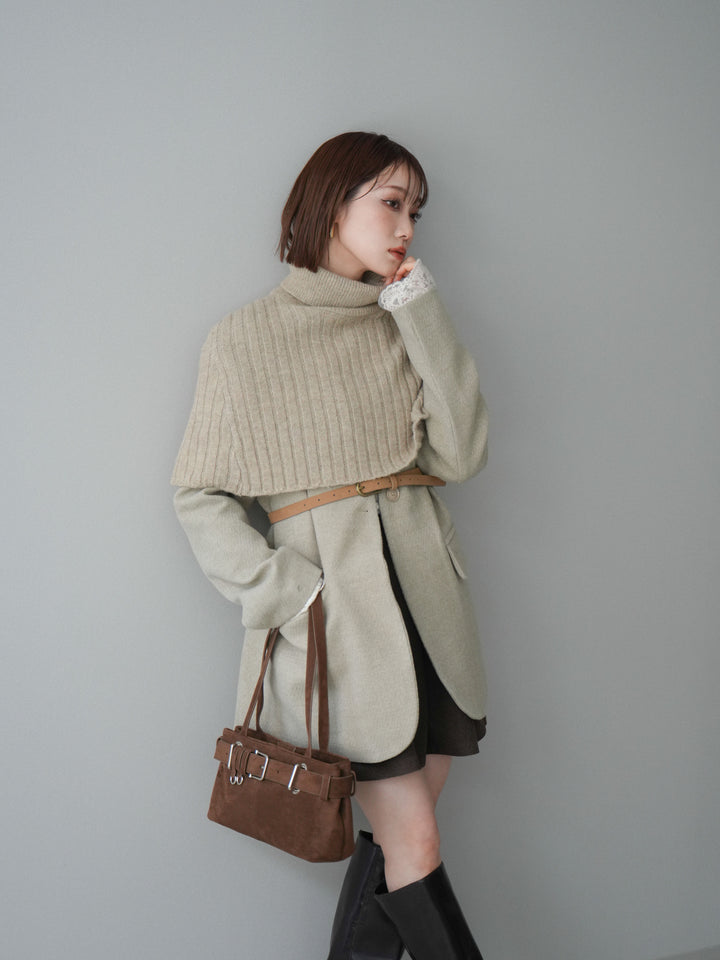 [SET]ケープ付ノーカラージャケット+ベルト付きタックミニスカート(2set)