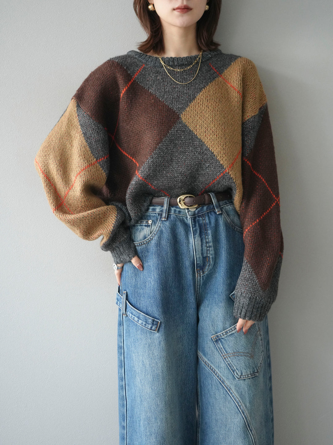 [SET]配色ステッチアーガイル柄ニットプルオーバー+選べるアクセセット(2set)