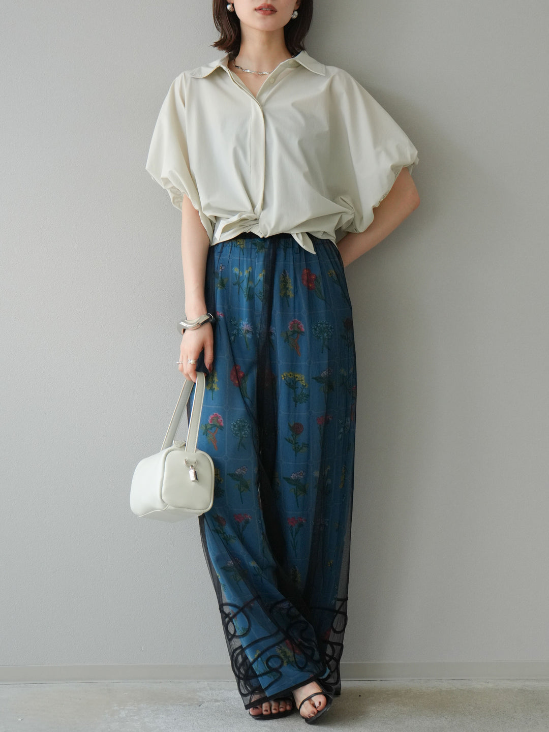 [予約]パッチワークフラワープリントイージーパンツ/ブルー