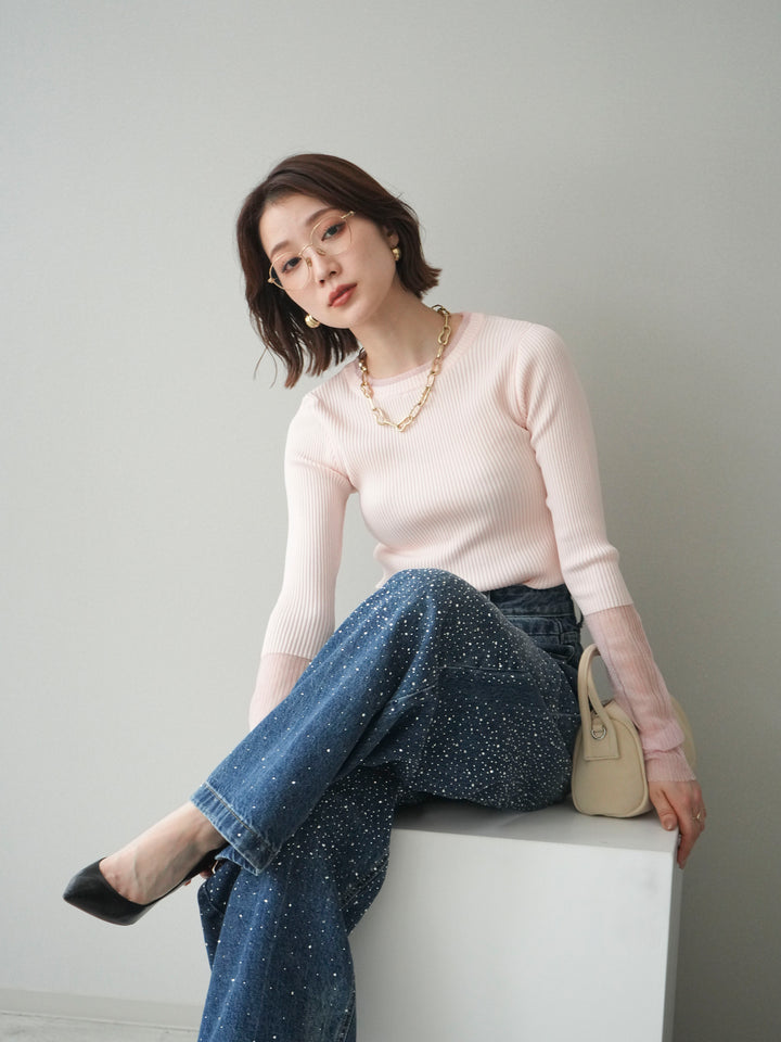 [予約]リブラメシアー切替リブニットトップス/pink