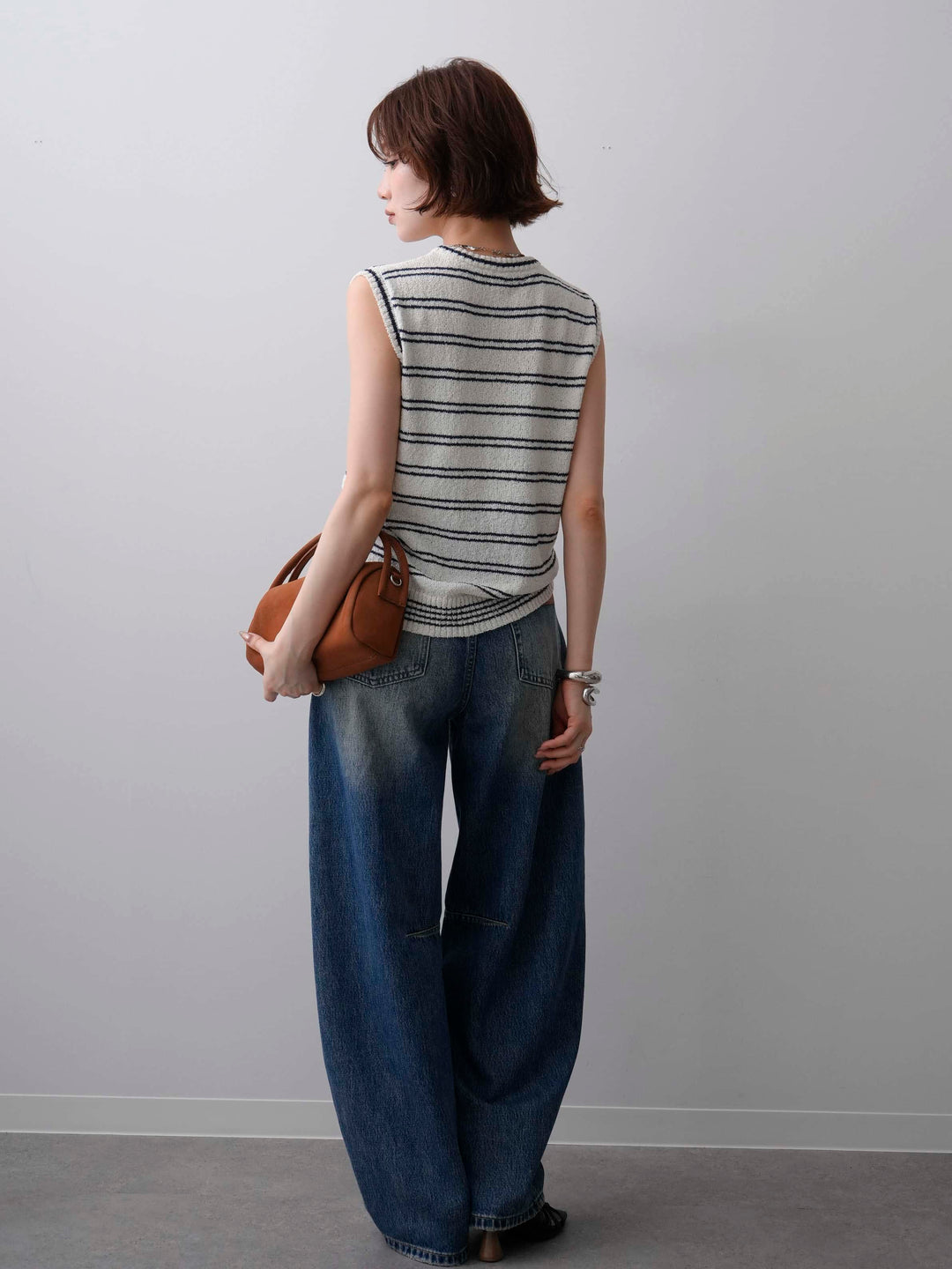 [SET]ボーダーヘンリーノースリニットトップス+立体カーブデニムパンツ(2set)