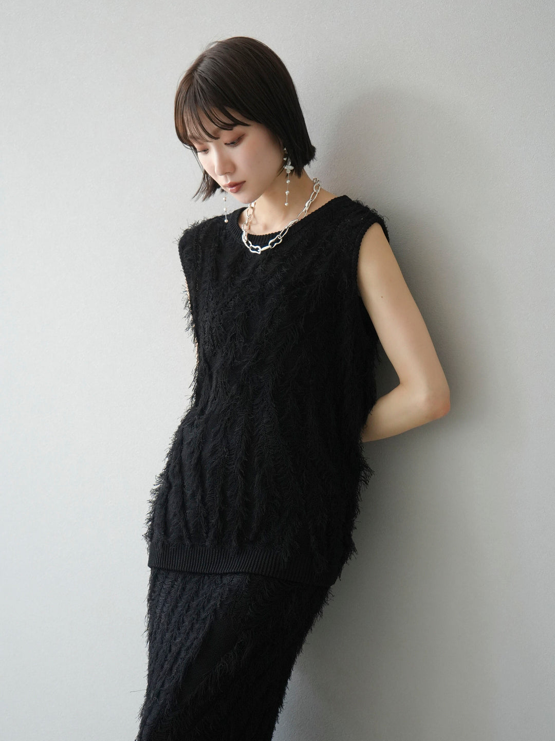 [Pre-order] Mixed fringe knit top/black