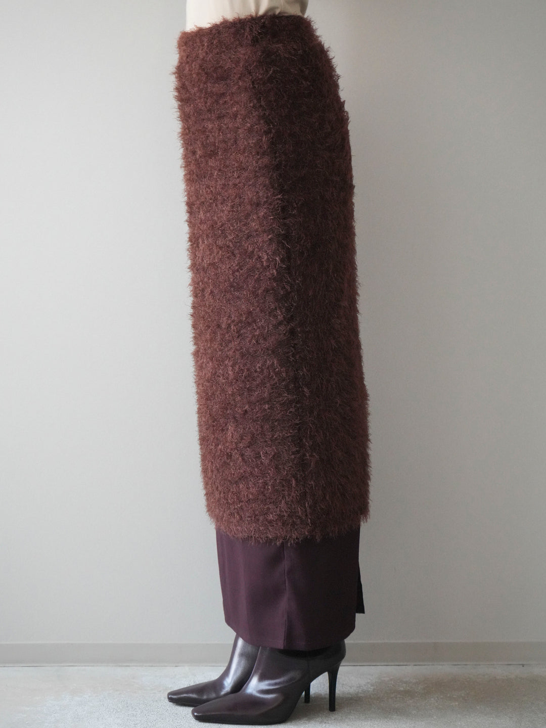 [予約]異素材バイカラーレイヤードシャギーニットスカート/brown