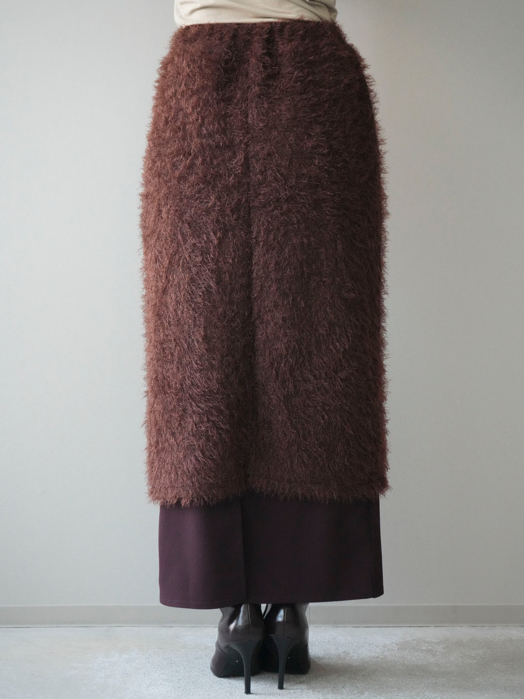 [予約]異素材バイカラーレイヤードシャギーニットスカート/brown