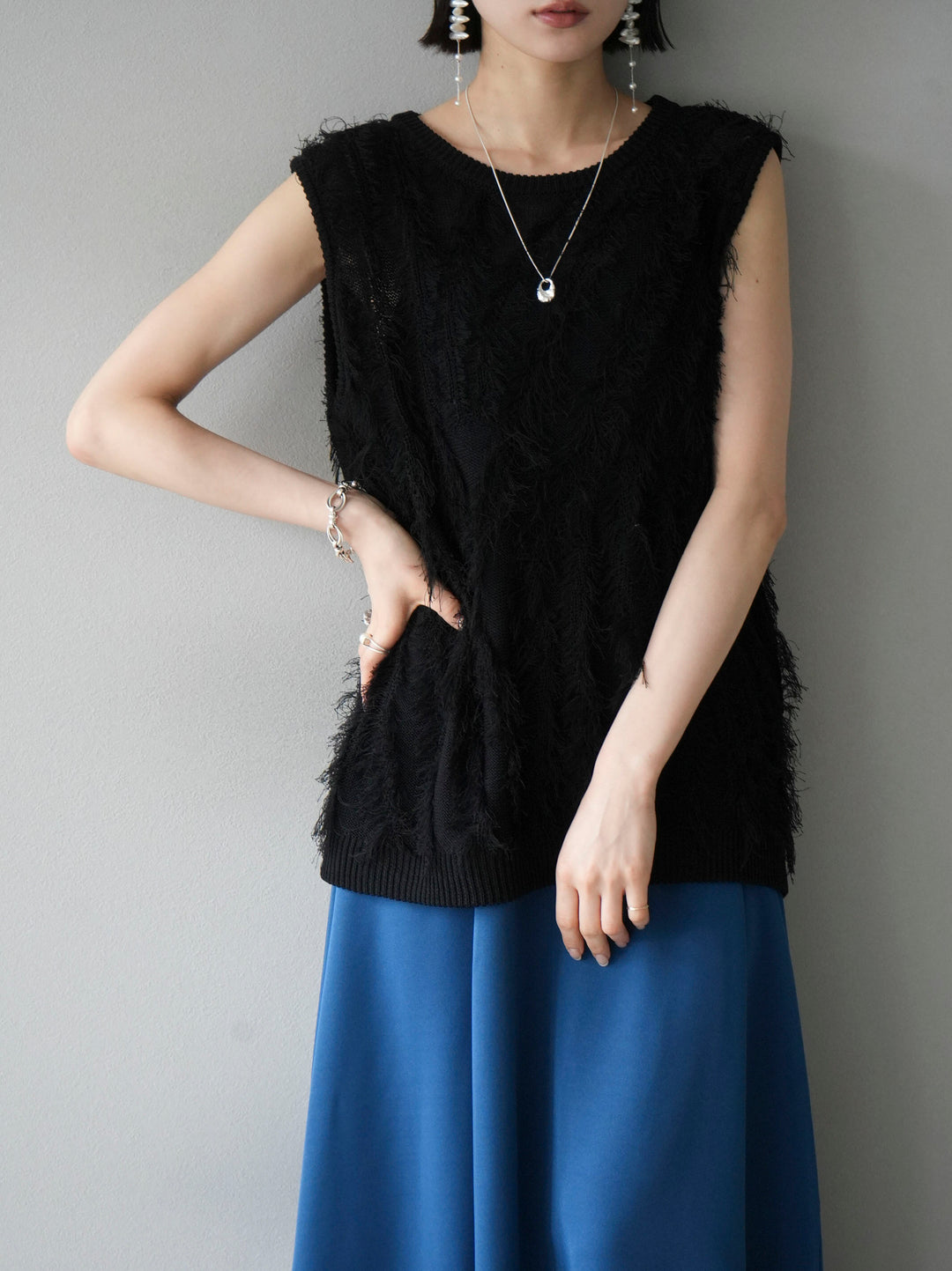 [Pre-order] Mixed fringe knit top/black