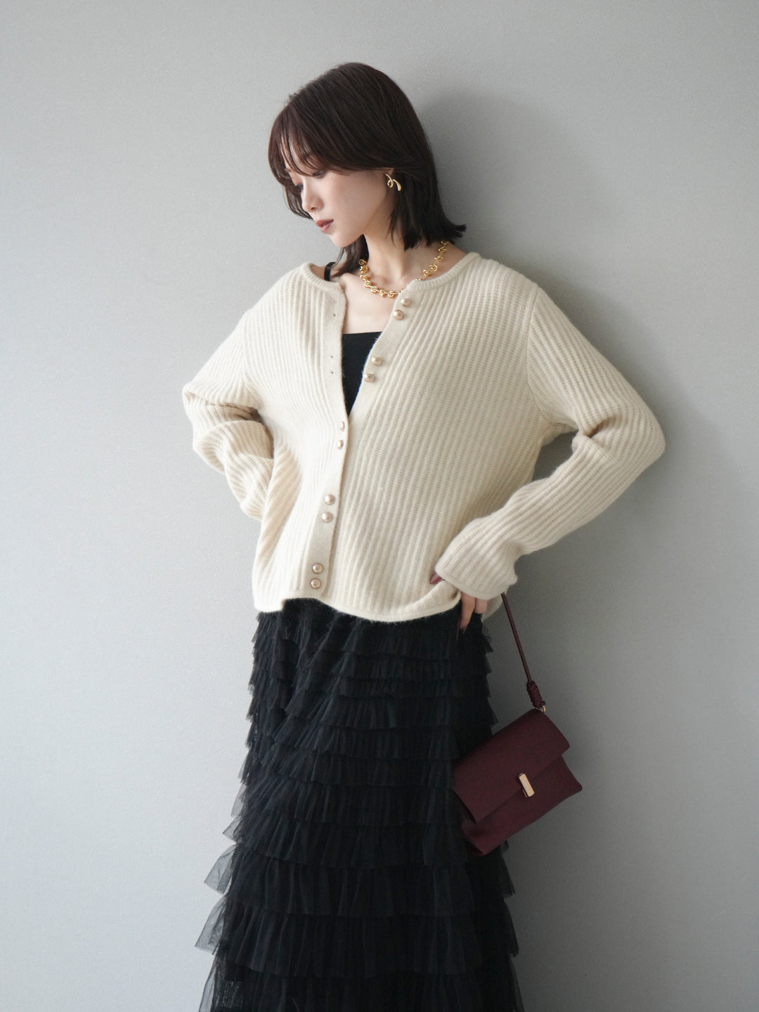 [予約]ゴールドボタンニットカーディガン/ivory