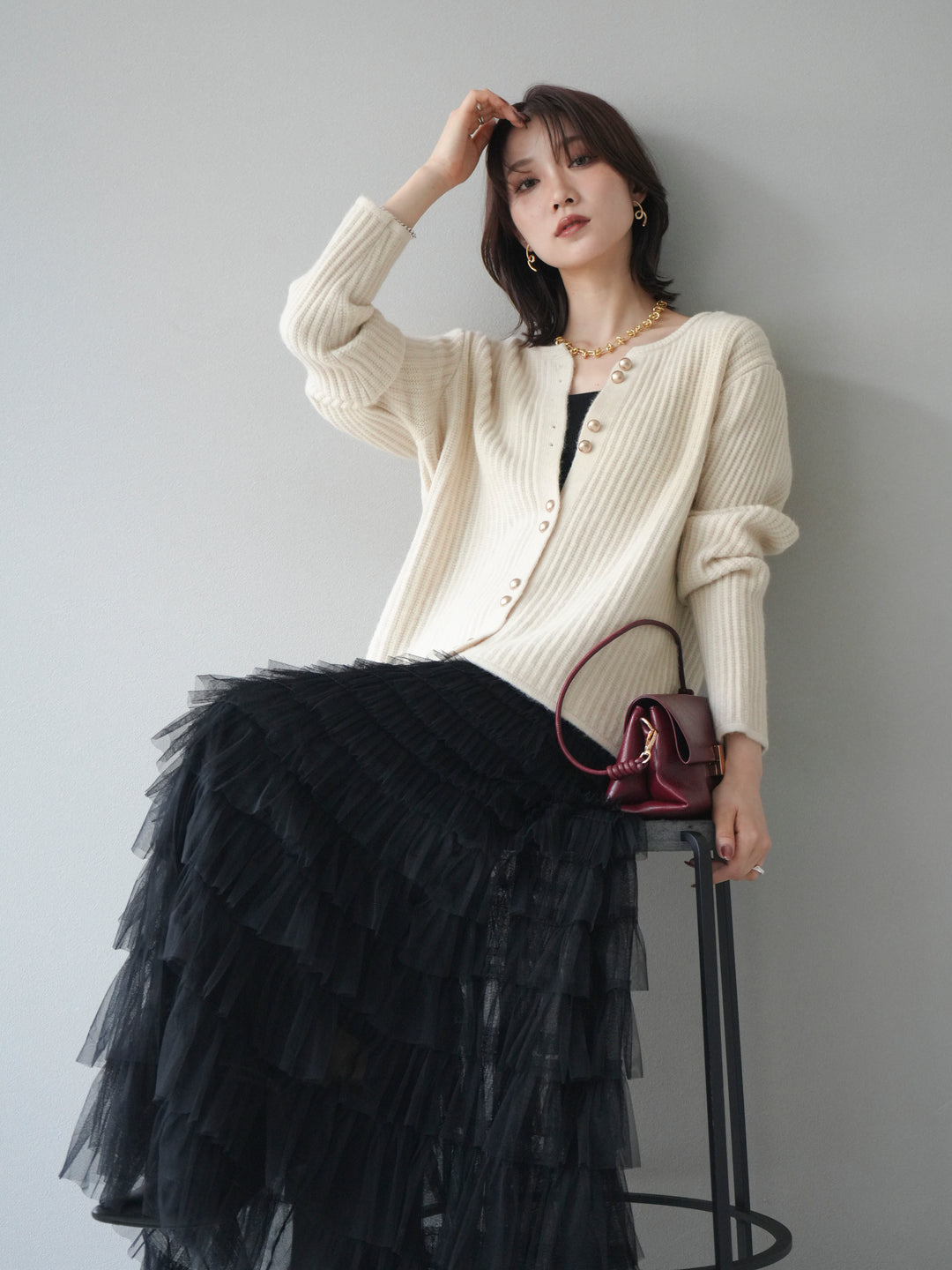 [予約]ゴールドボタンニットカーディガン/ivory