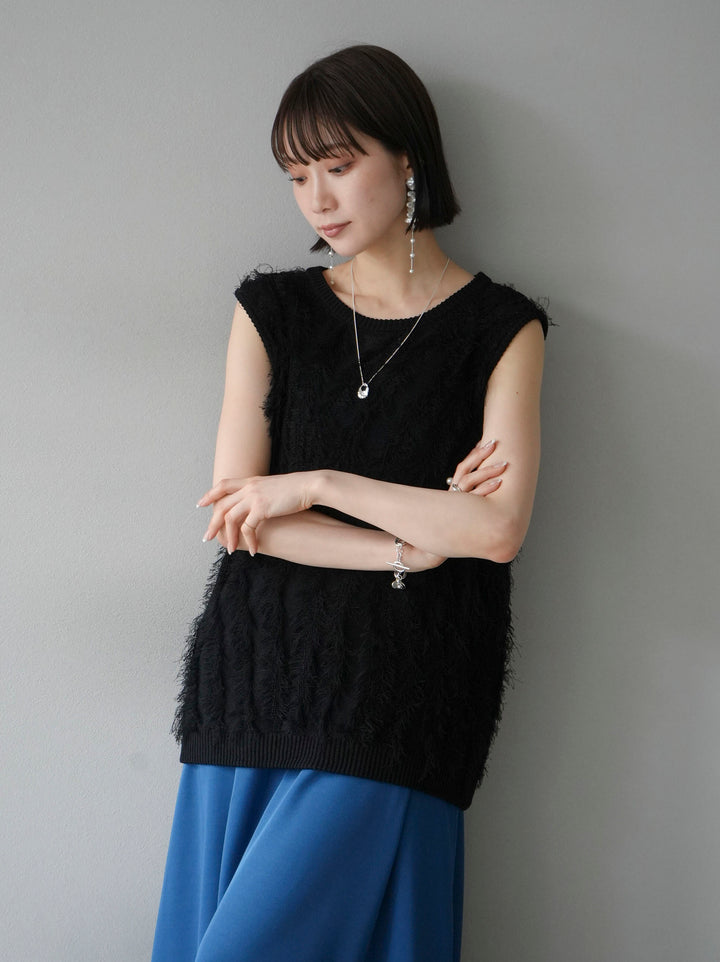 [Pre-order] Mixed fringe knit top/black