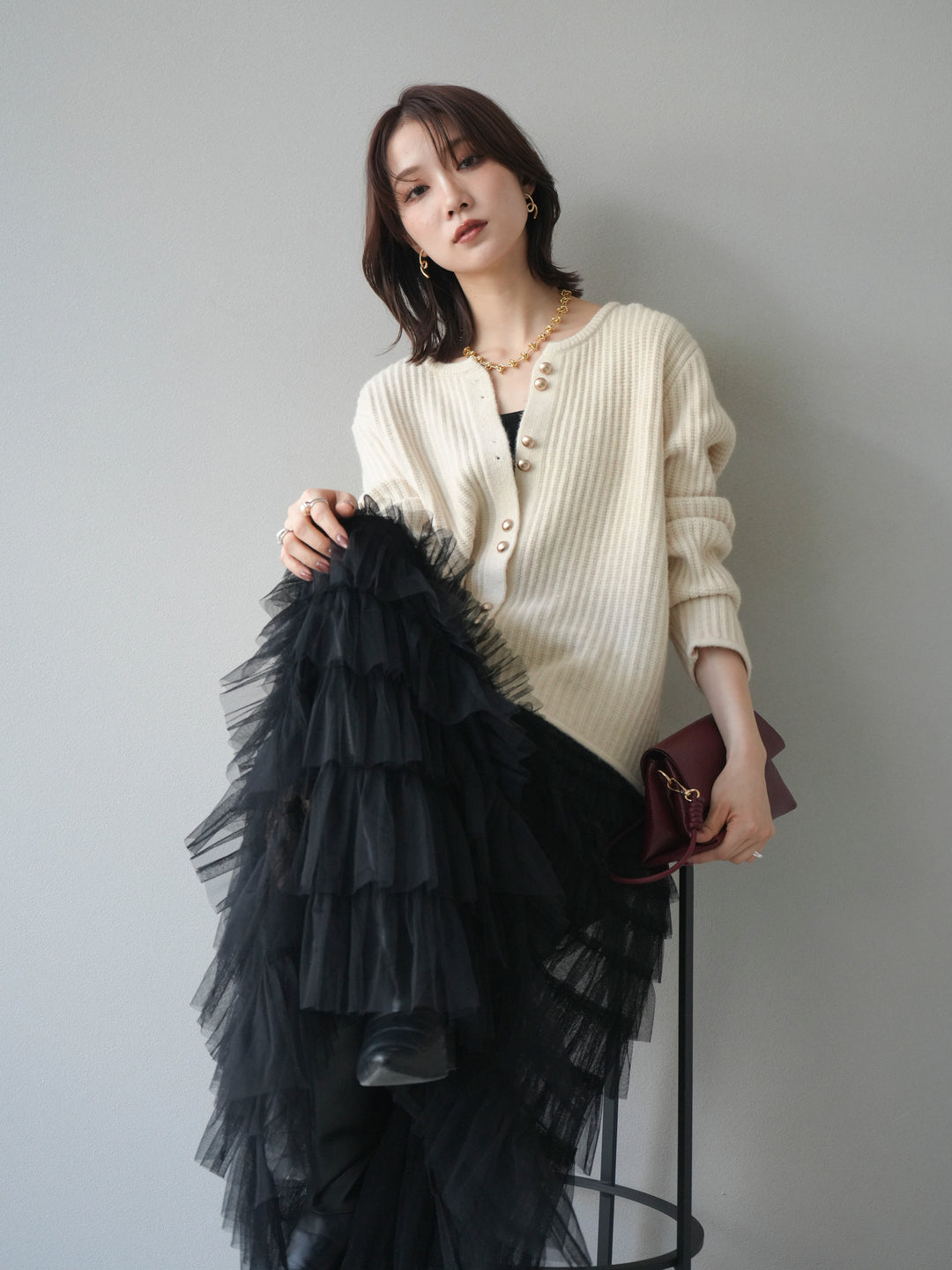 [予約]ゴールドボタンニットカーディガン/ivory