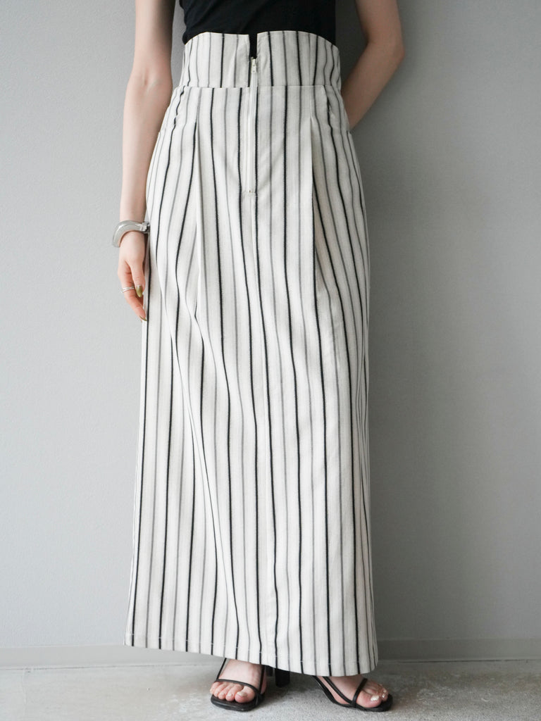 予約]コットンリネン混ストライプタイトスカート/アイボリー×グレー