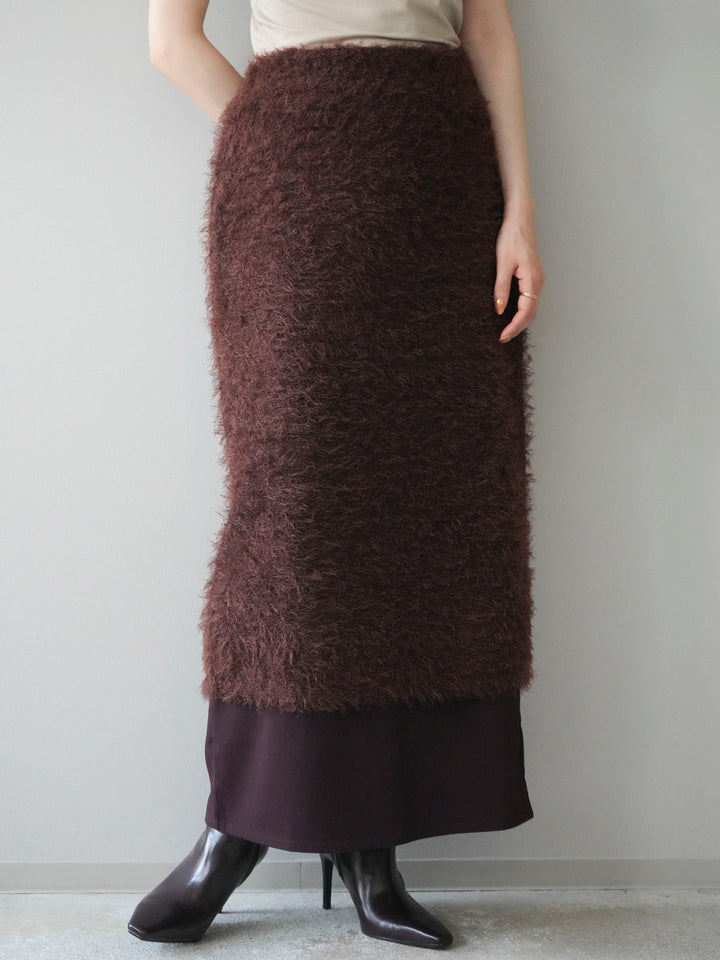 [予約]異素材バイカラーレイヤードシャギーニットスカート/brown