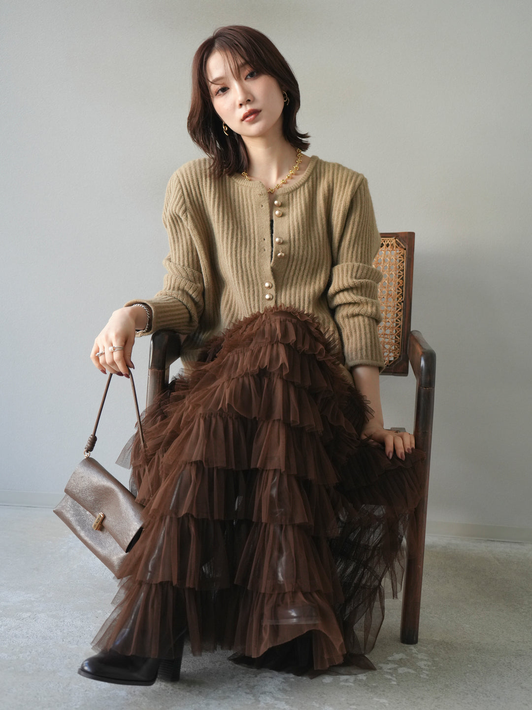 [予約]ゴールドボタンニットカーディガン/beige