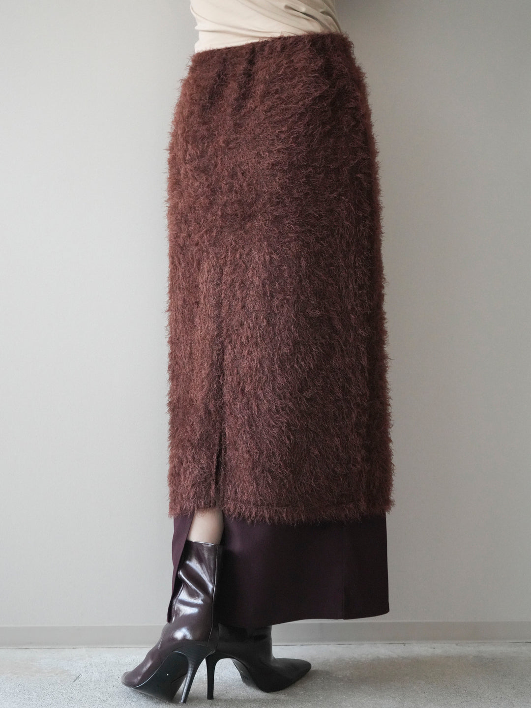 [予約]異素材バイカラーレイヤードシャギーニットスカート/brown