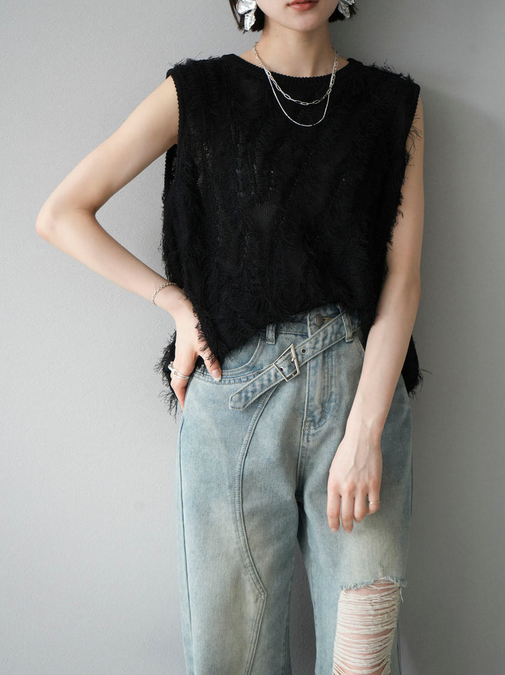 [Pre-order] Mixed fringe knit top/black