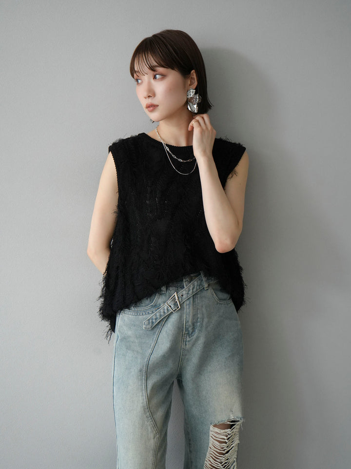 [Pre-order] Mixed fringe knit top/black