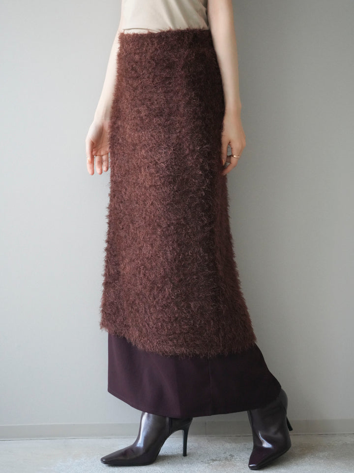 [予約]異素材バイカラーレイヤードシャギーニットスカート/brown