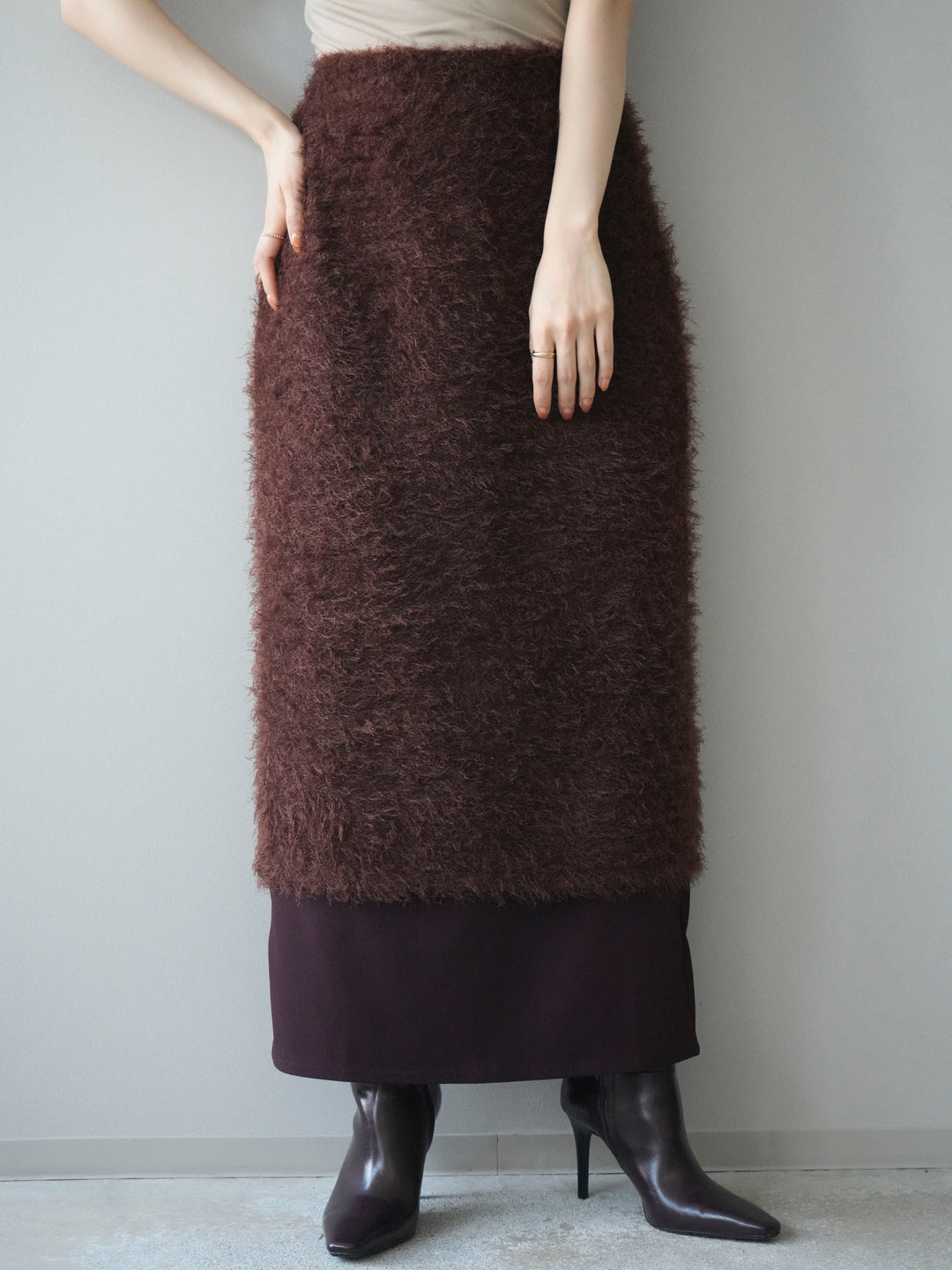 [予約]異素材バイカラーレイヤードシャギーニットスカート/brown