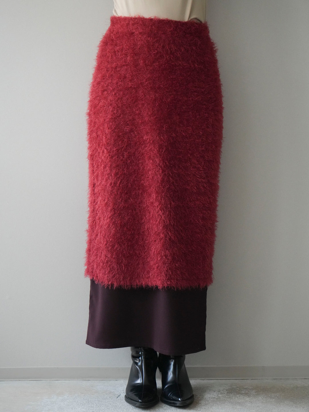 [予約]異素材バイカラーレイヤードシャギーニットスカート/red