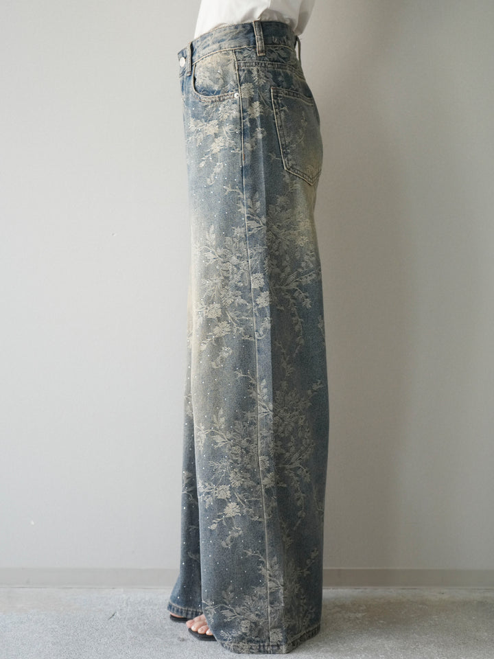 [予約]フラワー刺繍ビジューワイドデニムパンツ/blue