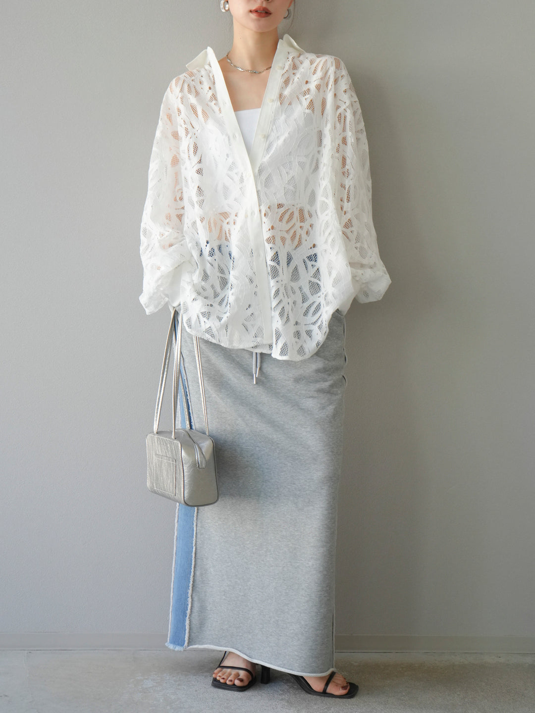 [SET]コードレースオーバーシャツ+デニムドッキングスウェットスカート(2set)