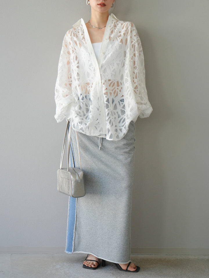 [SET]コードレースオーバーシャツ+デニムドッキングスウェットスカート(2set)