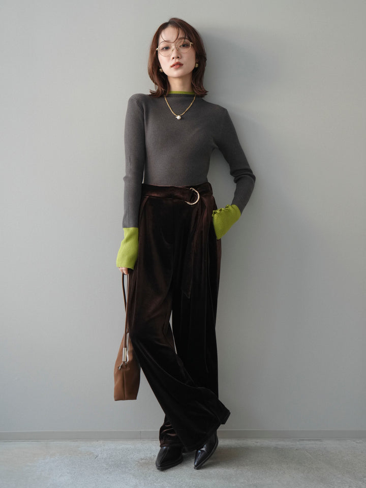 [SET]袖ボタンハイネック配色リブニットトップス+ベロアベルトスリムパンツ(2set)