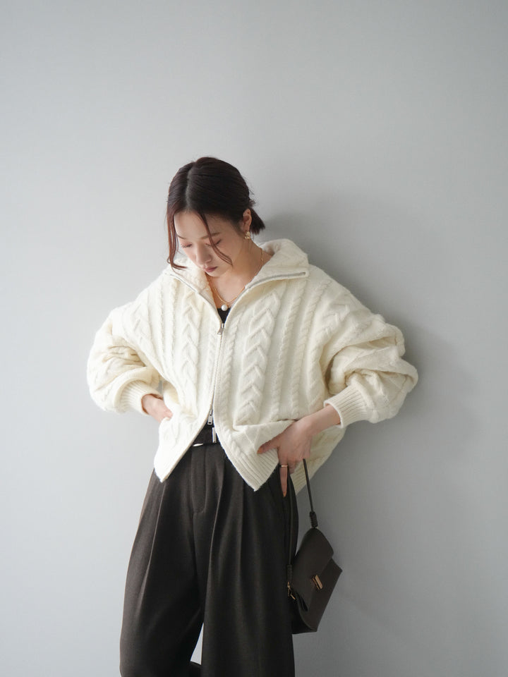 [SET]ケーブル編みハイネックZIPニットカーディガン+アニマル柄ベルト付きウールタッチワイドパンツ(2set)