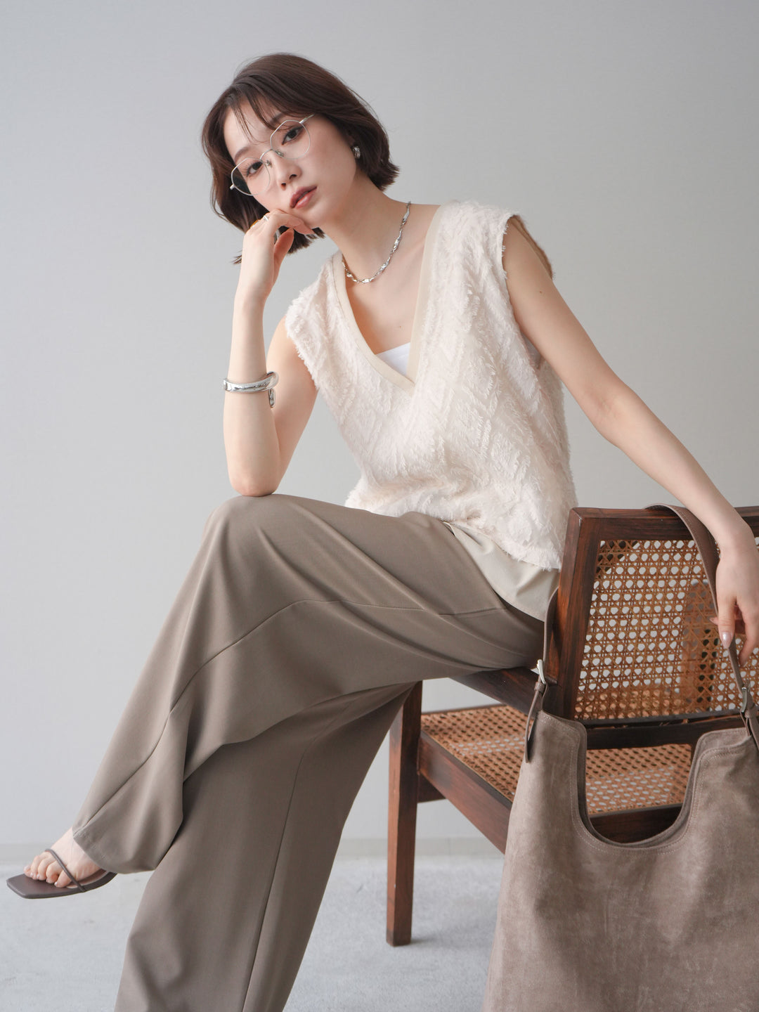 [SET]フリンジレイヤードVネックノースリーブ+選べるアクセセット(2set)