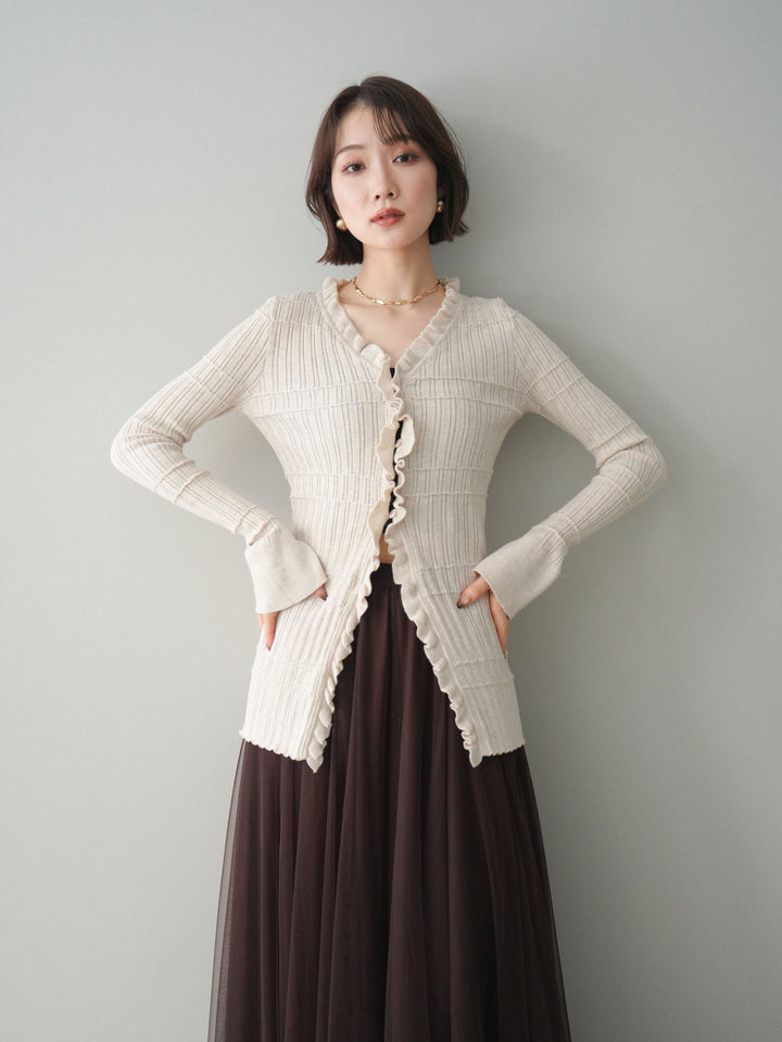 [予約]フロントフリルリブニットカーディガン/beige