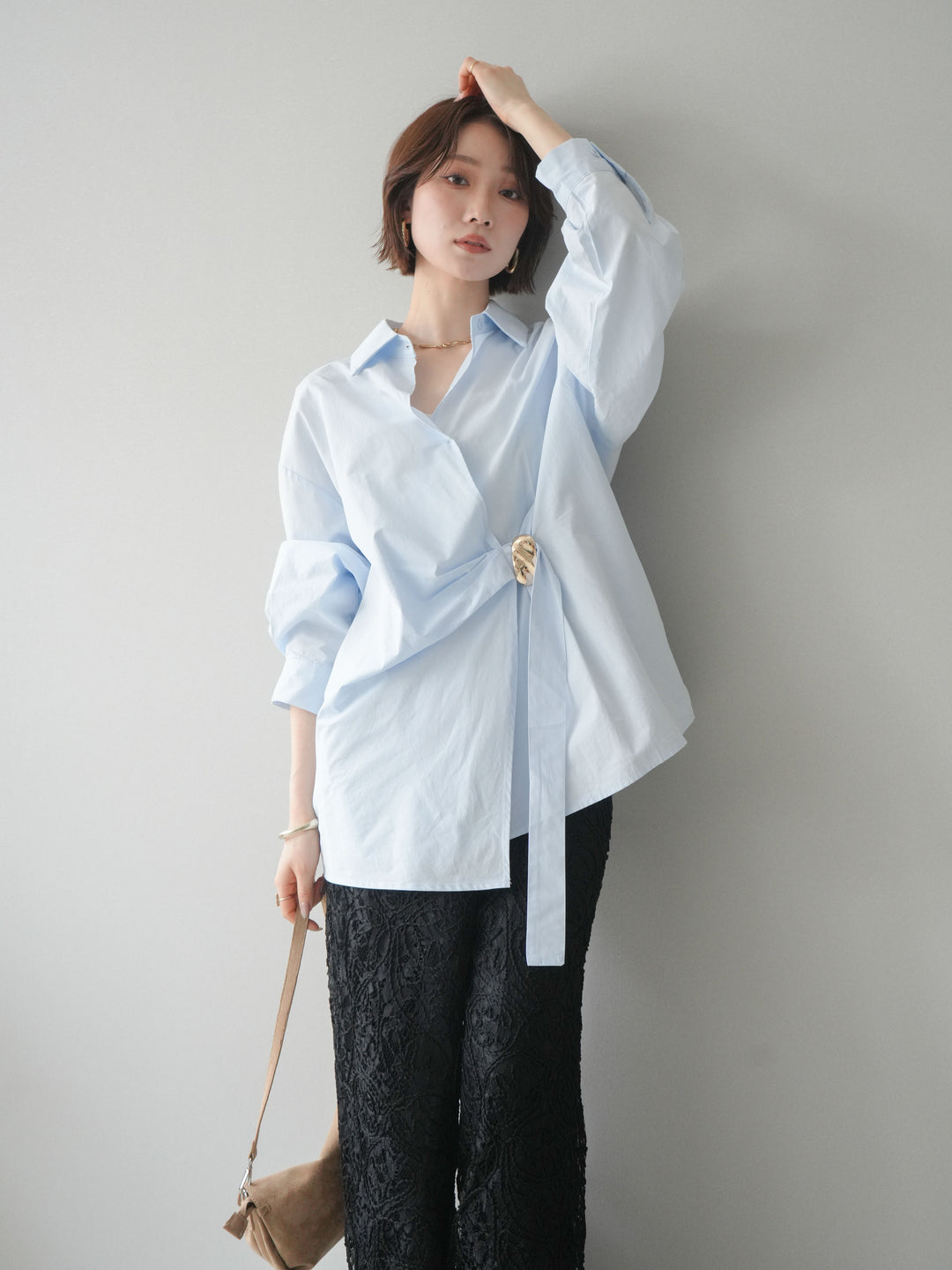 [SET]メタルパーツドレープシャツ+シアーコードレースイージーパンツ(2set)