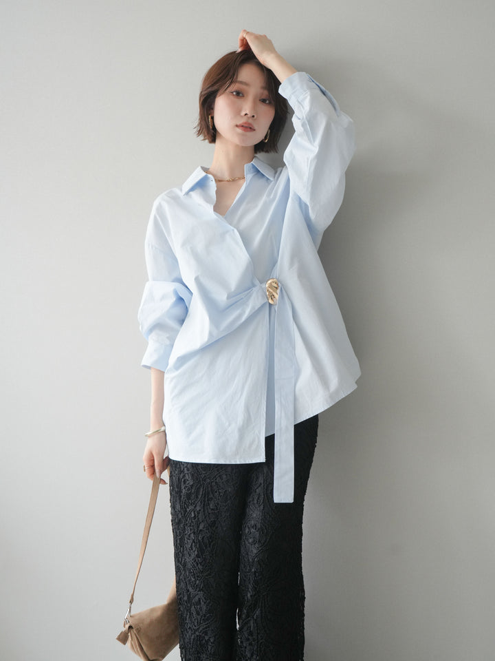 [SET]メタルパーツドレープシャツ+シアーコードレースイージーパンツ(2set)