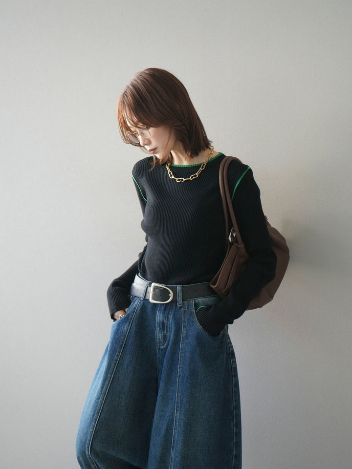 [予約]バイカラークルーネックリブニットトップス/black