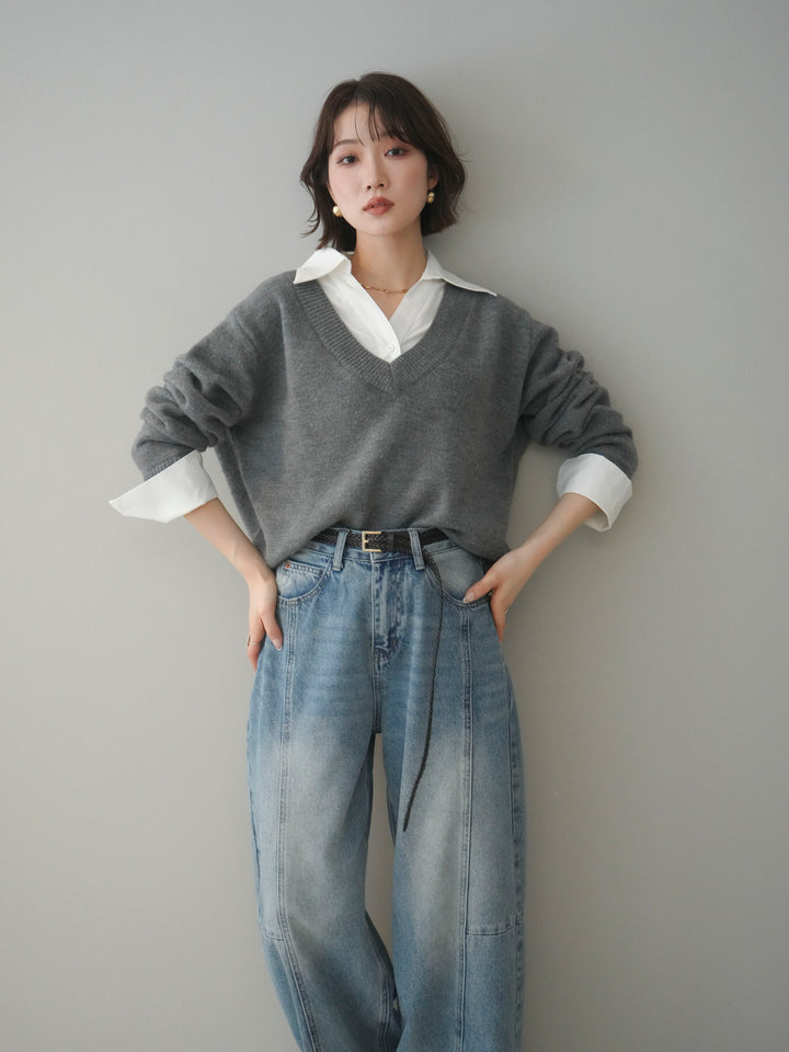 [予約]シャツドッキングVネックニットトップス/gray