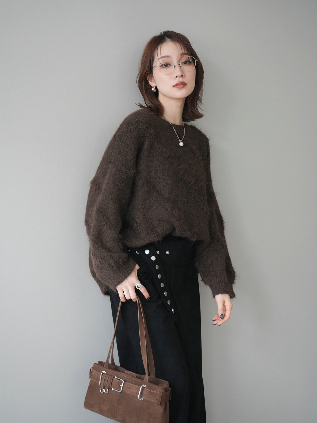 [予約]ブークレラインデザインニットプルオーバー/brown