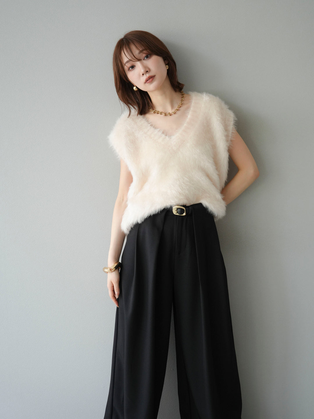[SET]ラメシャギーVネックニットベスト+ベルトループデザインワイドパンツ(2set)