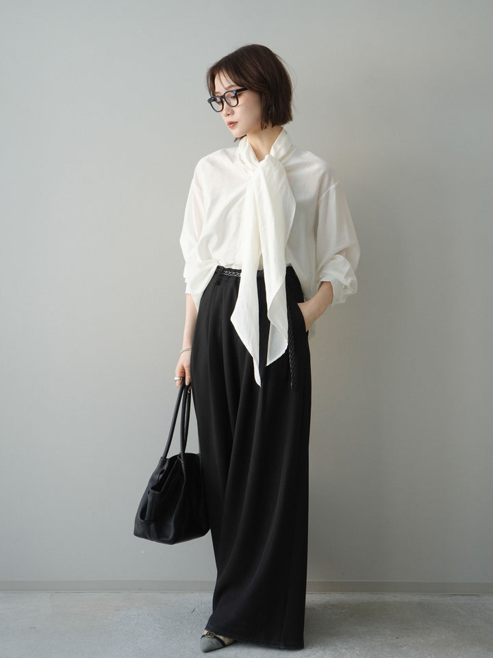 [予約]編み込みベルト付タックワイドパンツ/black