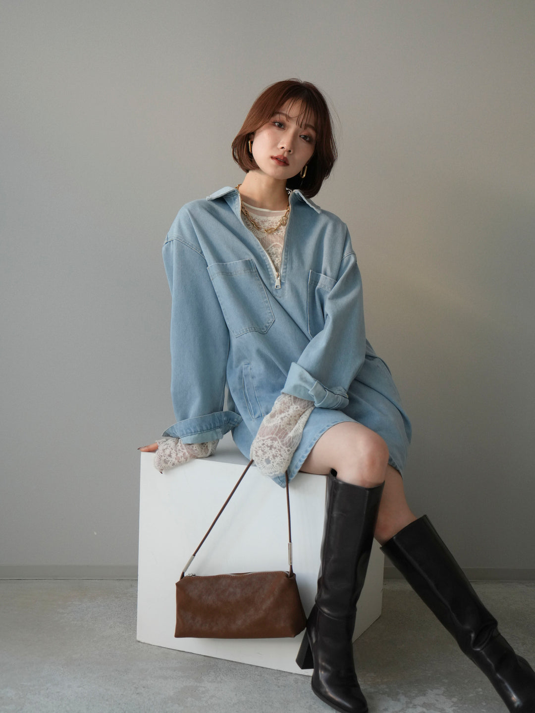 [SET]ハーフジップデニムミニワンピース+チュールレーストップス(2set)