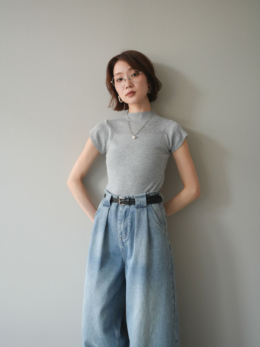 [SET]ビジューシアーフレンチニット+選べるアクセセット(2set)