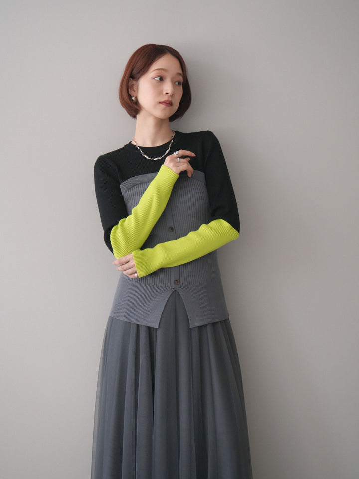 [SET]配色ビスチェドッキングリブニットトップス+選べるアクセセット(2set)