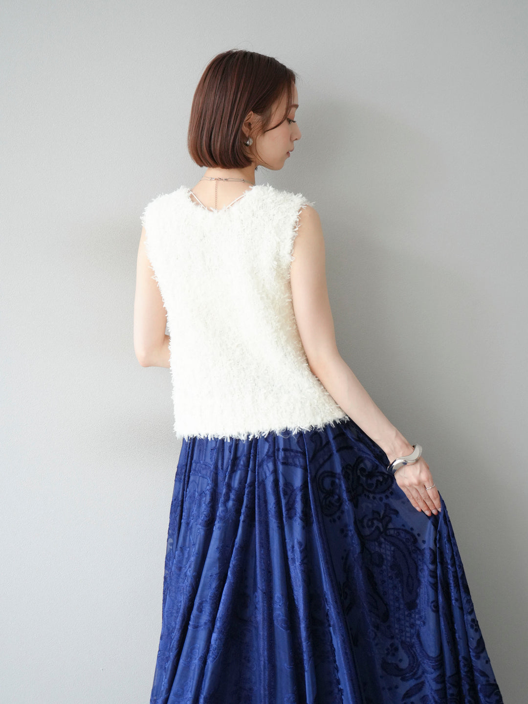 [SET]テープヤーンフリンジニットベスト+アンティーク柄フロッキーマキシスカート(2set)