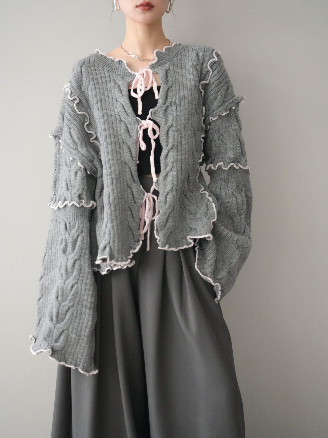 [予約]フロントリボン配色メローニットカーディガン/gray