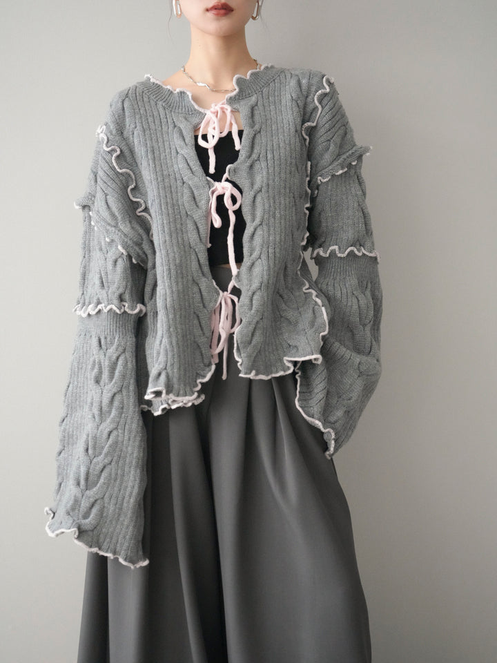 [予約]フロントリボン配色メローニットカーディガン/gray