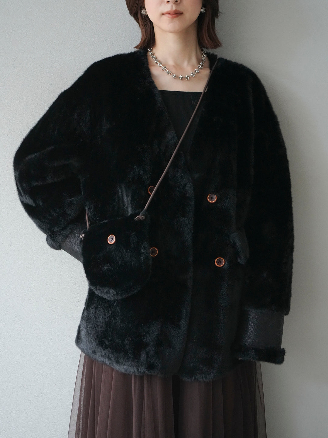 [SET]バッグ付エコファーノーカラーコート+チュールボリュームスカート(2set)