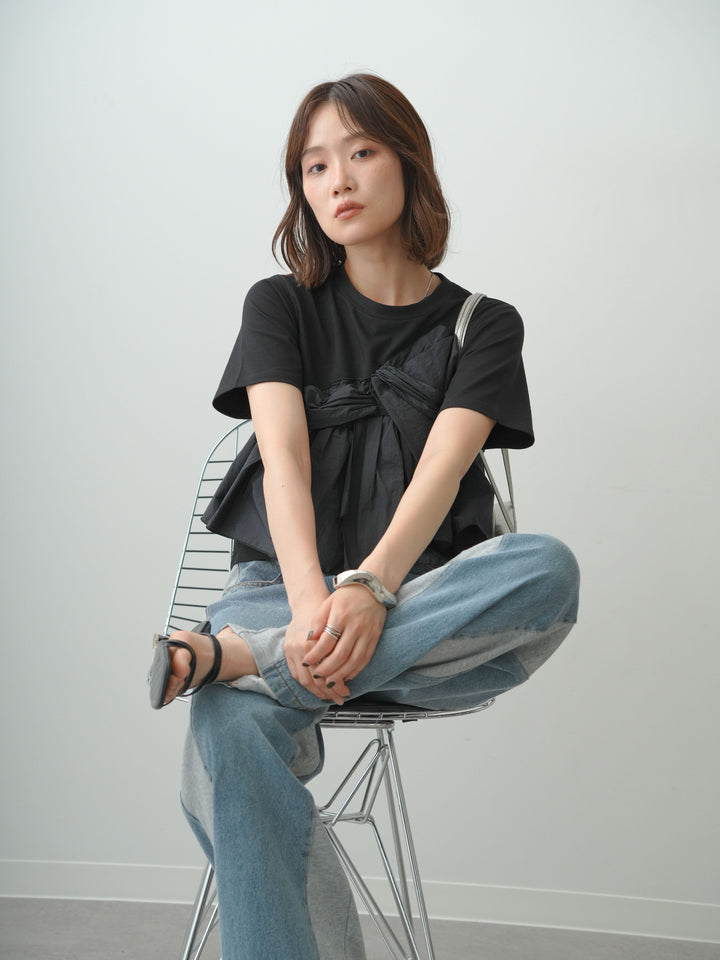 [SET]ナイロンドッキングツイストTEE +デニム切替スウェットパンツ(2set)