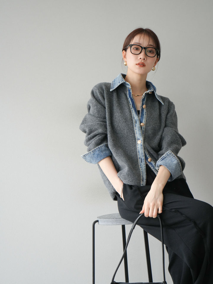 【着回しセット】[SET]デニム襟ボタンニットカーディガン+デニム襟ボタンニットカーディガン+2WAYデザインスウェットパンツ(3set)