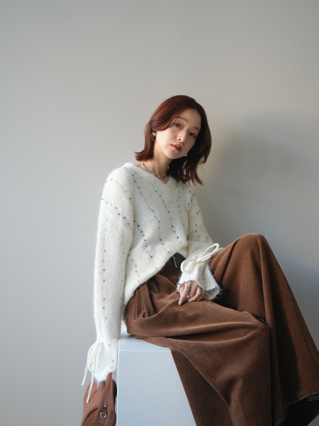 [SET]キャンディースリーブカラーネップスパンコールニットプルオーバー+ベルトデザインループコールテンワイドパンツ(ベルト付き)(2set)