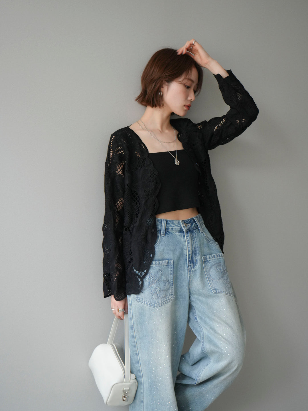 【套裝】3D蕾絲蕾絲上衣+內建胸罩羅紋抹胸吊帶背心（兩件組）